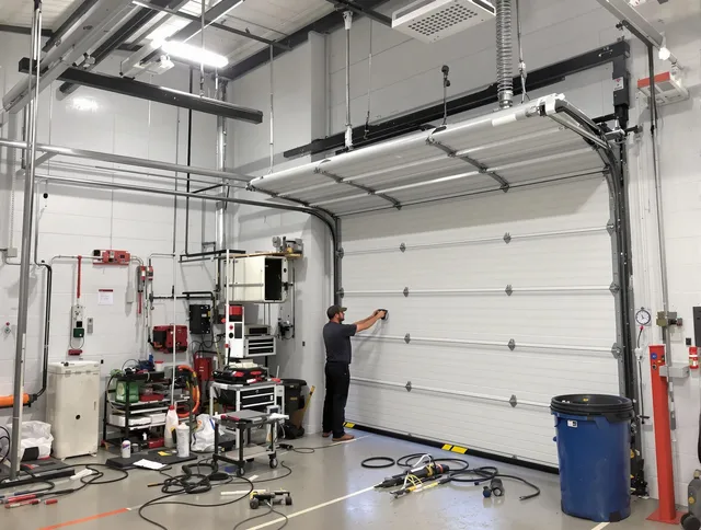 Columbus Garage Door Repair certified technician performing commercial door repair at a Columbus business facility