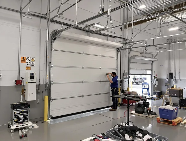 Commercial garage door repair being performed by Columbus Garage Door Repair expert in Columbus