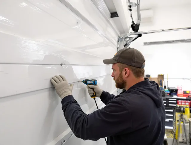 Columbus Garage Door Repair technician demonstrating precision dent removal techniques on a Columbus garage door
