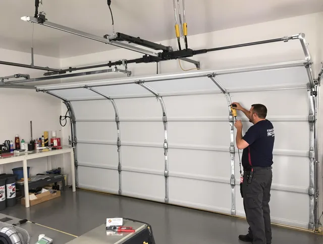 Columbus Garage Door Repair certified technician performing overhead door system repair in Columbus
