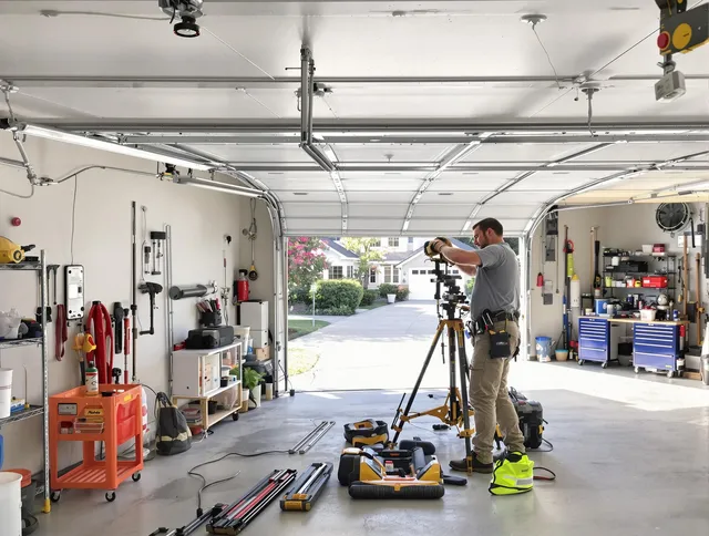 Columbus Garage Door Repair specialist performing laser-guided track alignment in Columbus